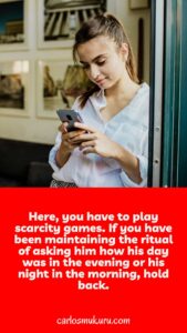 A captivating Pinterest pin featuring an image of a woman with a smartphone, symbolizing the concept of making him notice you by avoiding over texting. The pin represents the idea of creating intrigue, maintaining mystery, and fostering a deeper connection by finding the right balance in texting.