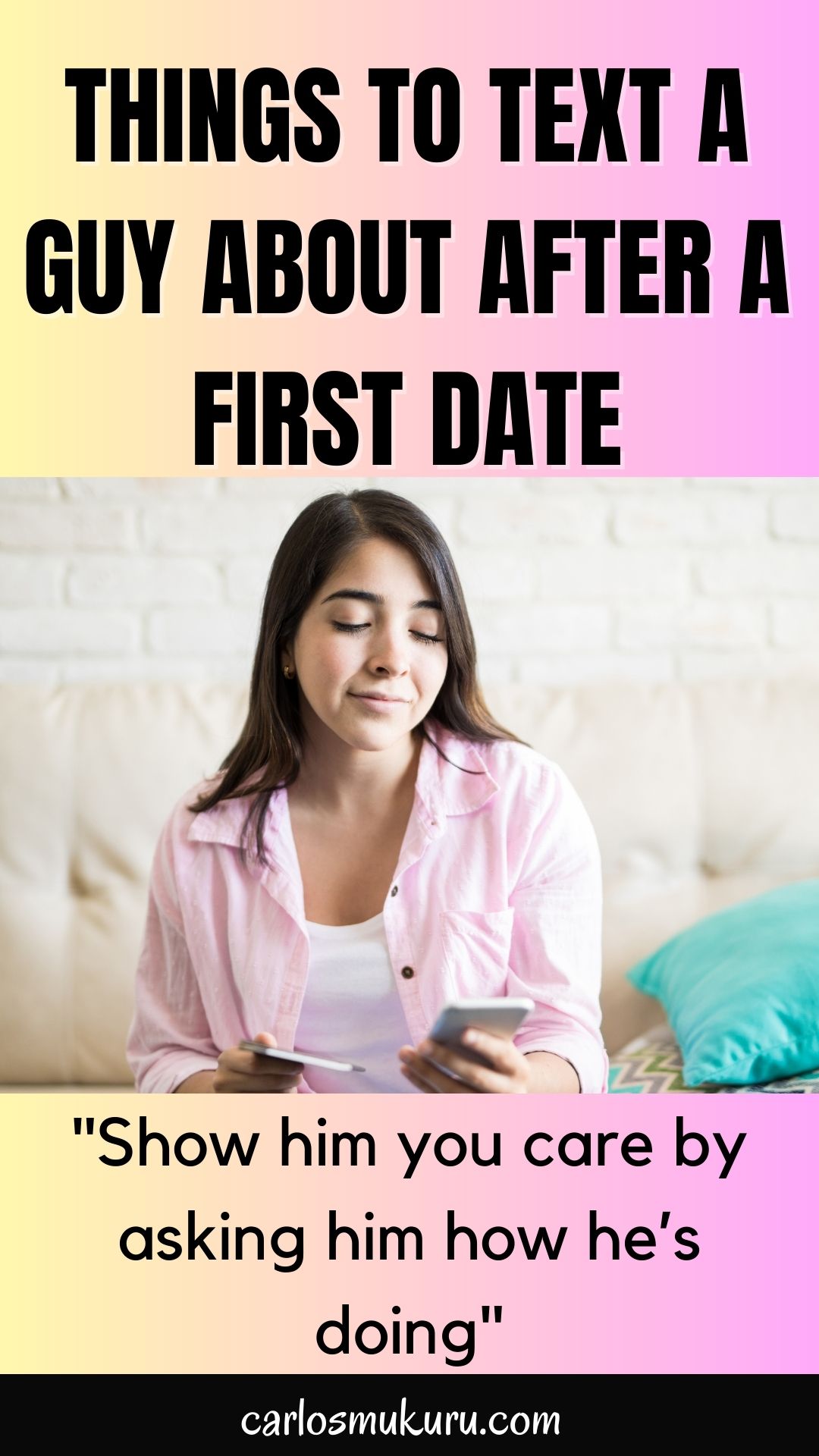 A woman thoughtfully texting on her phone, with emojis representing post-first date texts and showing care by asking how he's doing.