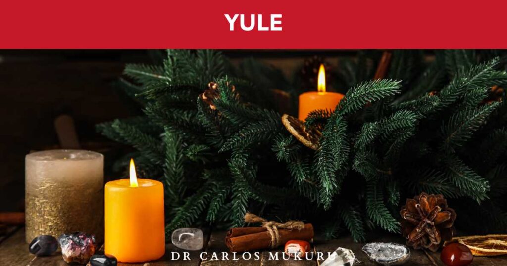A festive Yule log burning in a fireplace, surrounded by evergreen branches and red candles